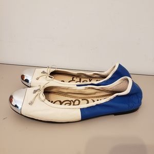 LIKE NEW SAM EDELMAN TWO TONE CHROME CAP FLATS SIZE 9-9.5  30.00 OFFER